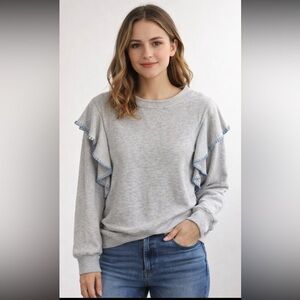 Democracy Brushed Sweater Knit Ruffled Top Light Heather Gray Blue Ruffle Trim